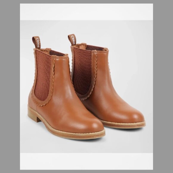 Chloe Girl's Leather Scallop-Trim Ankle Boots, (Color brown Size:35EU (4US KID) - Picture 2 of 11